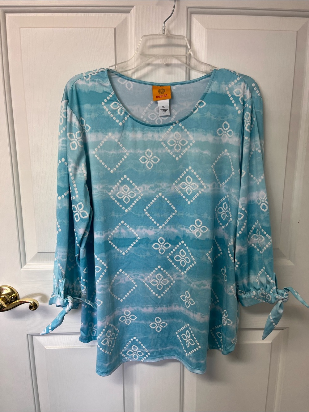 Ruby Rd. Sky Blue Printed Long-Sleeve Tie Cuff Top